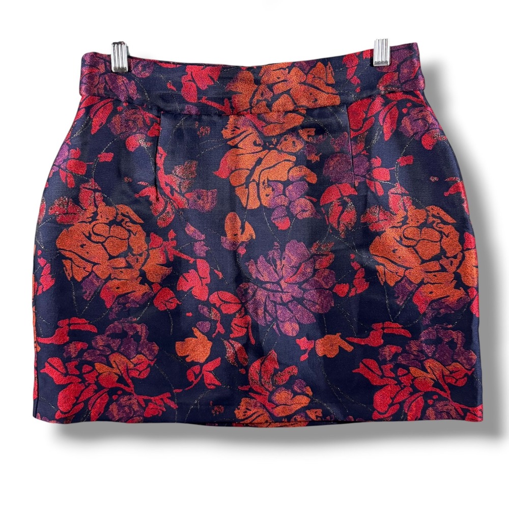 ModCloth Mini Skirt Retro Navy Blue Jacquard Floral Metallic Brocade Womens 8